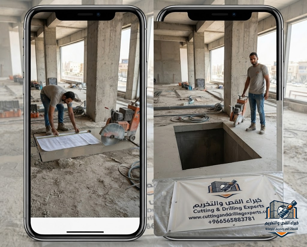 قص الخرسانة المسلحة لفتحات المصاعد بحي الروضة جدة باستخدام الواير الماسي مع الحفاظ على سلامة المبنى